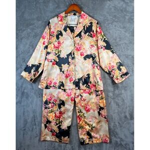 Oscar De La Renta Neimans Pajama Set Womens Medium Floral Satin Floral Luxe Vtg*